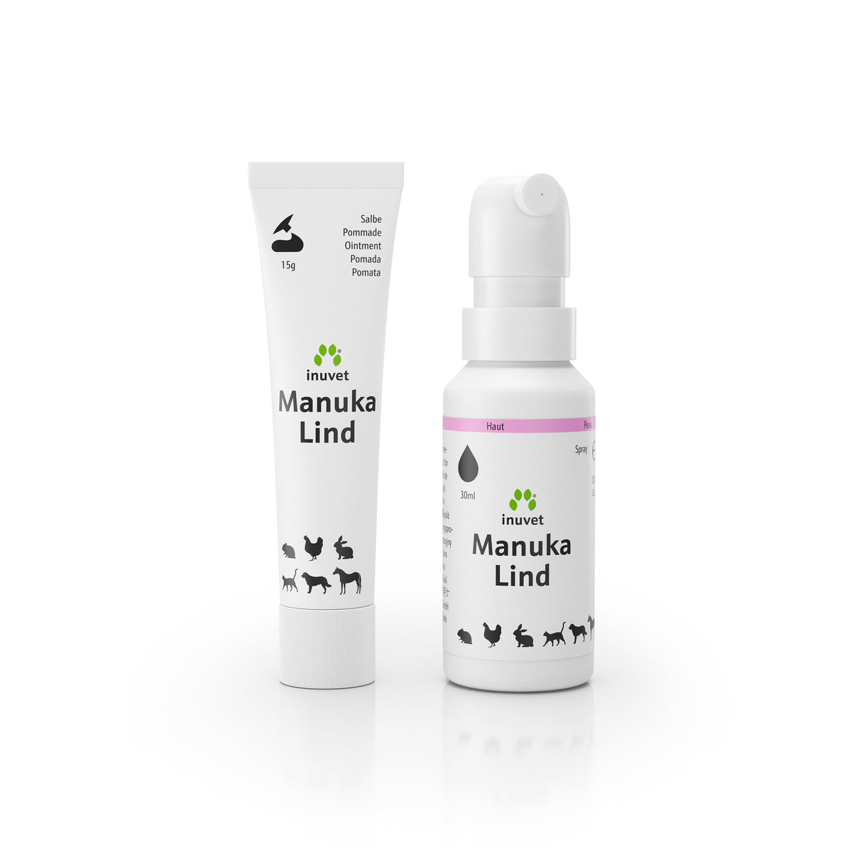 ManukaLind Salbe 15g and 75g, and Spray 30ml and 100ml in packaging.